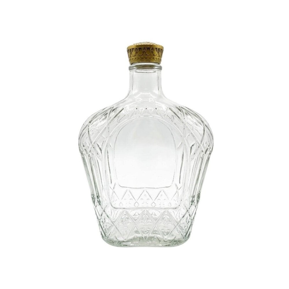 Vintage Seagram and Sons Crown Royal Clear Glass Bottle with Ornate Gold Cap